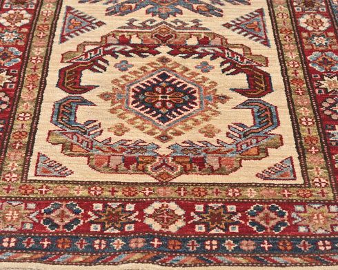 11 Feet Beige Kazak Afghan Hand Knotted Wool Runner Rug